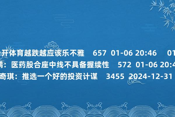 云开体育越跌越应该乐不雅    657  01-06 20:46     01'17''    赵鹏鹏：医药股合座中线不具备握续性    572  01-06 20:47     03'04''    李奇琪：推选一个好的投资计谋    3455  2024-12-31 19:37     01'39''    潘敏立：后续选股一定要注释这少许    995  2024-12-31 19:37     一财最热    点击关闭-开云(中国)Kaiyun·体育官方网站 登录入口